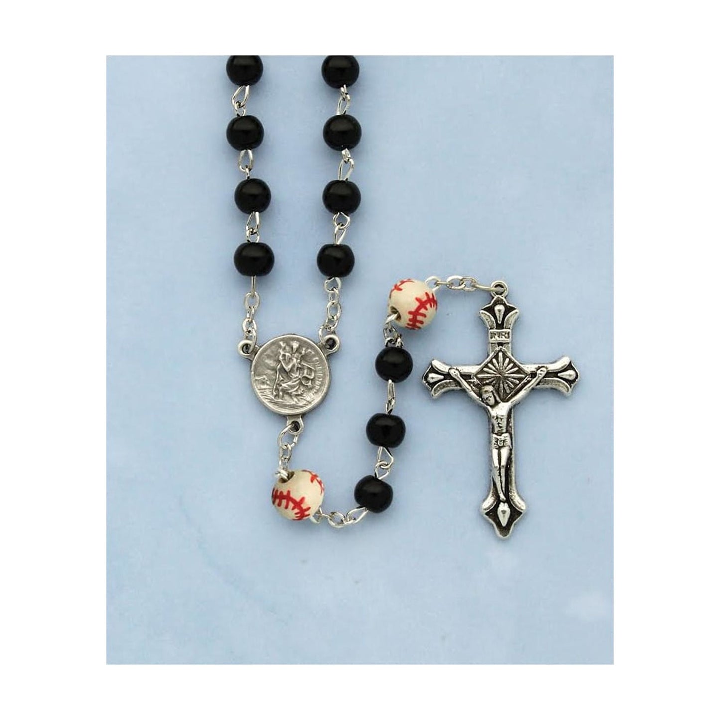 Boys Black Glass and Ceramic Baseball Beads Silver-tone Sports Rosary QGM19742