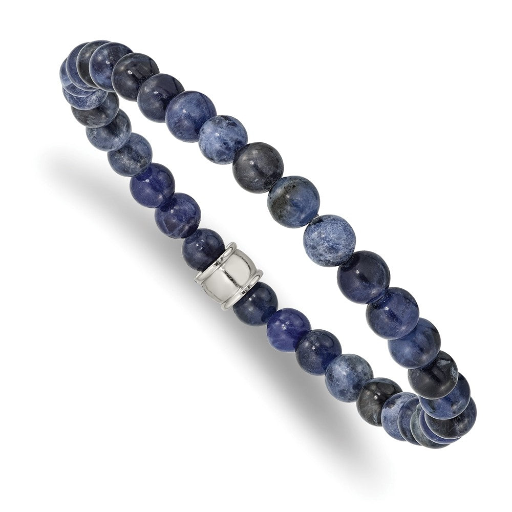 Stainless Steel Polished Blue Sodalite Stretch Bracelet 7.25 inches