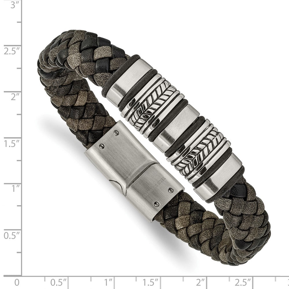 Stainless Steel Antiqued Brushed & Polished Leather w/Silicone Bracelet 8.25 inches