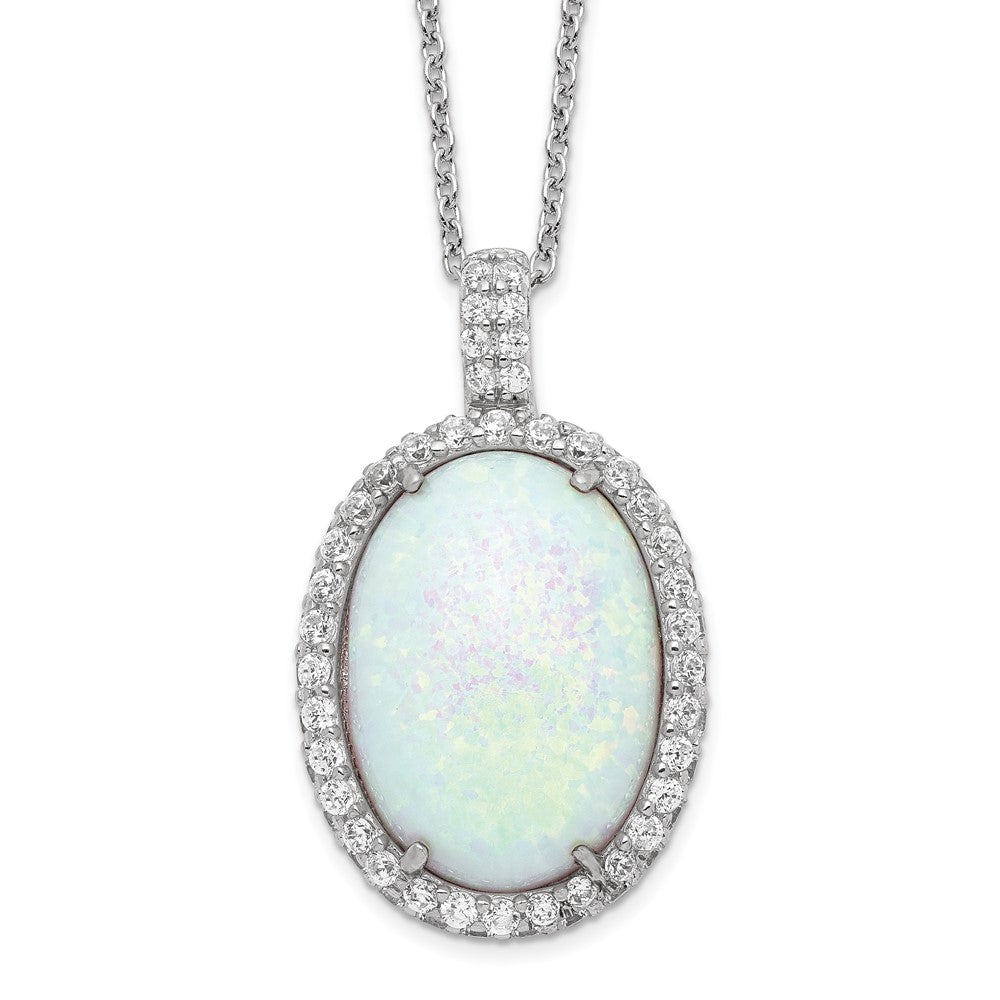 Cheryl M Sterling Silver Rhodium-plated Cabochon Lab Created Opal and Brilliant-cut CZ Oval Halo 18 Inch Necklace 18 Inches
