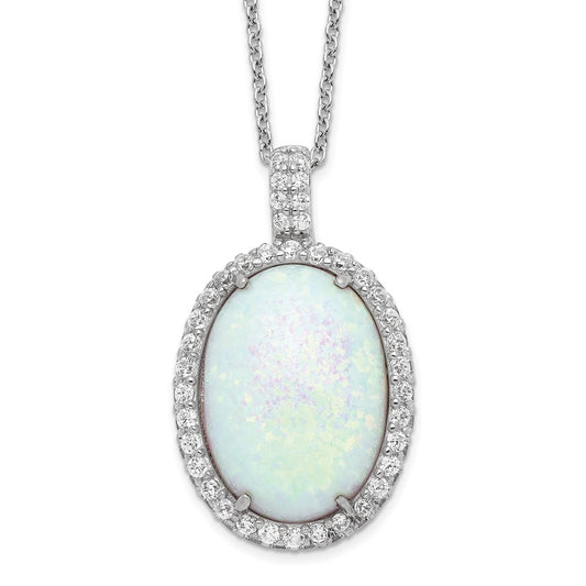 Cheryl M Sterling Silver Rhodium-plated Cabochon Lab Created Opal and Brilliant-cut CZ Oval Halo 18 Inch Necklace 18 Inches
