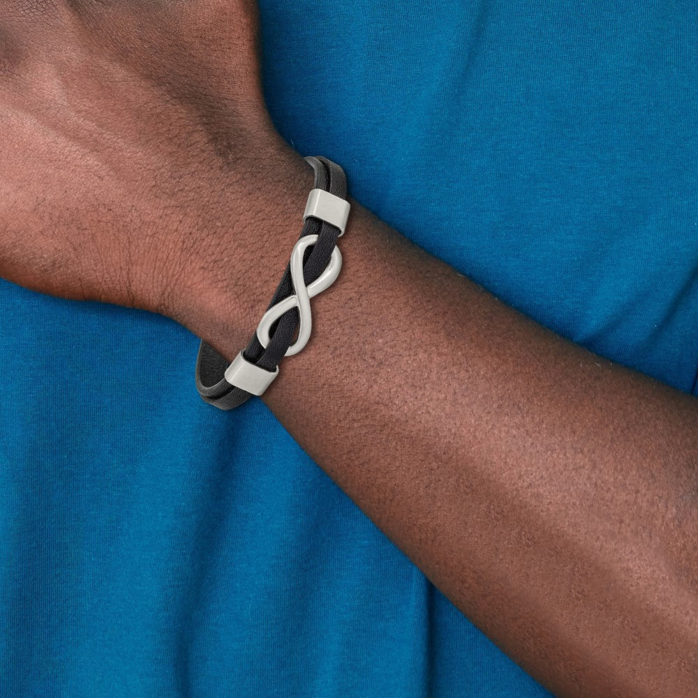 Stainless Steel Brushed & Polished Black Leather Infinity Sign Bracelet 8 inches