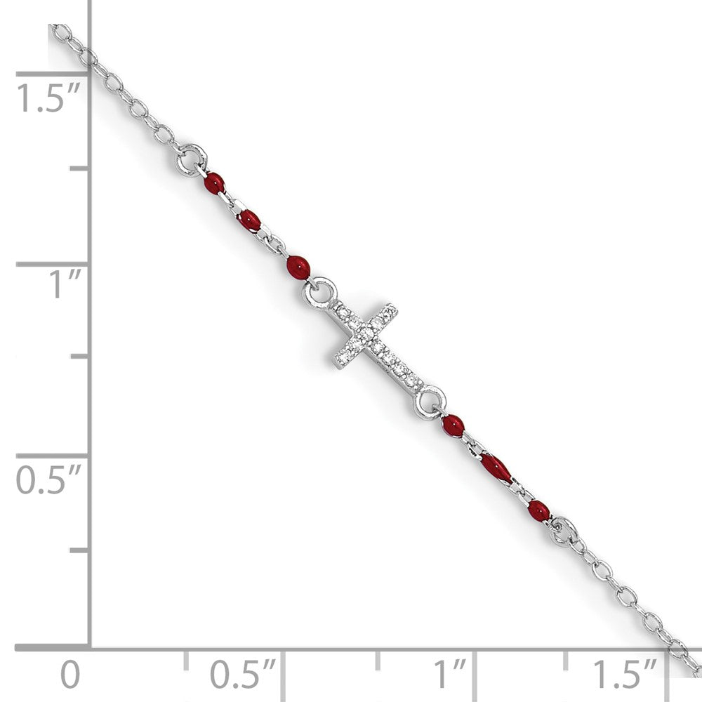 Sterling Silver Rhodium-plated Polished CZ Red Enamel Bead Cross Anklet 10 inches