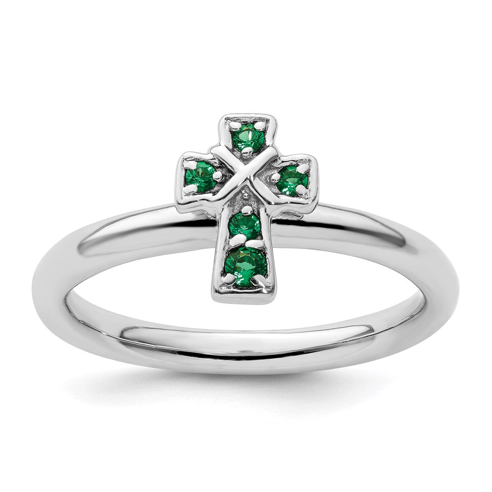 Sterling Silver Stackable Expressions Rhodium Created Emerald Cross Ring Size -5