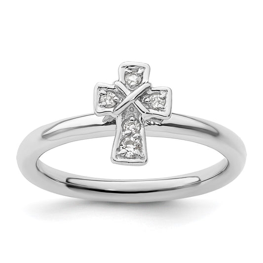 Sterling Silver Stackable Expressions Rhodium White Topaz Cross Ring Size -10
