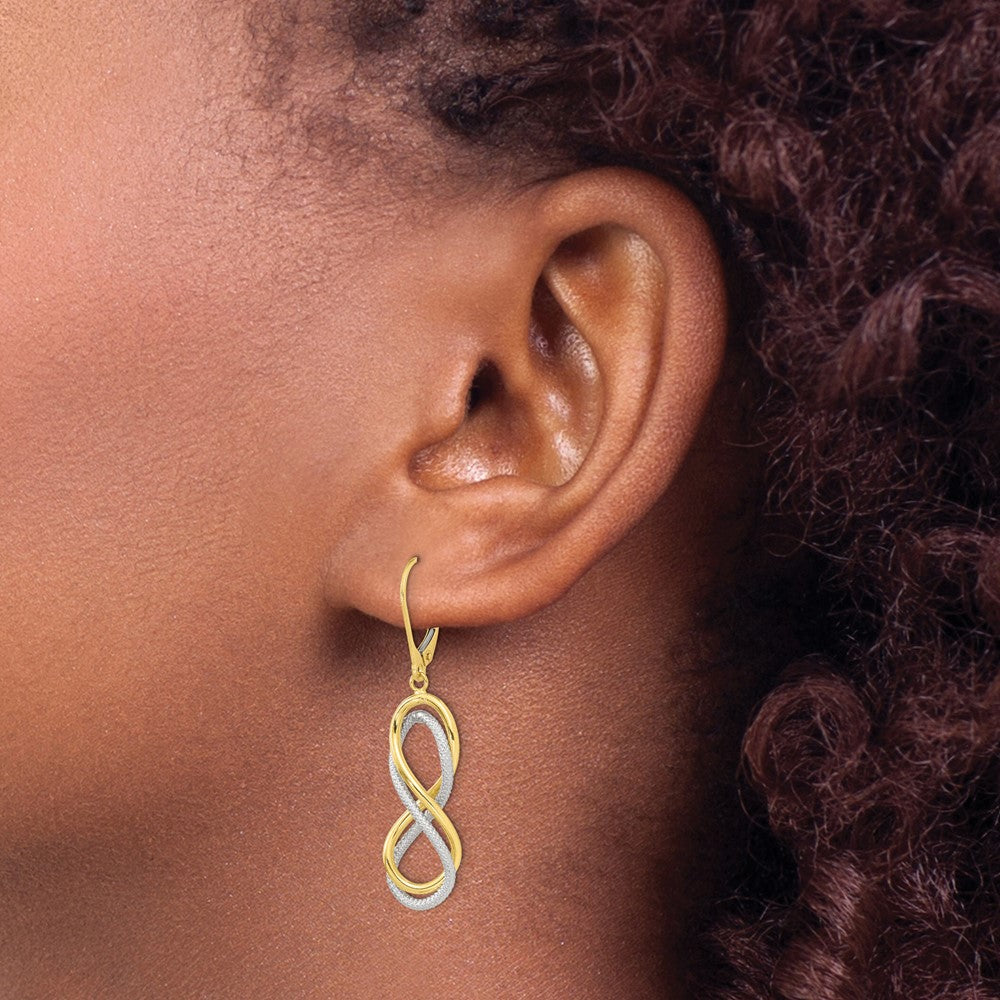 10K w/ White Rhodium Polished Textured Infinity Leverback Earrings