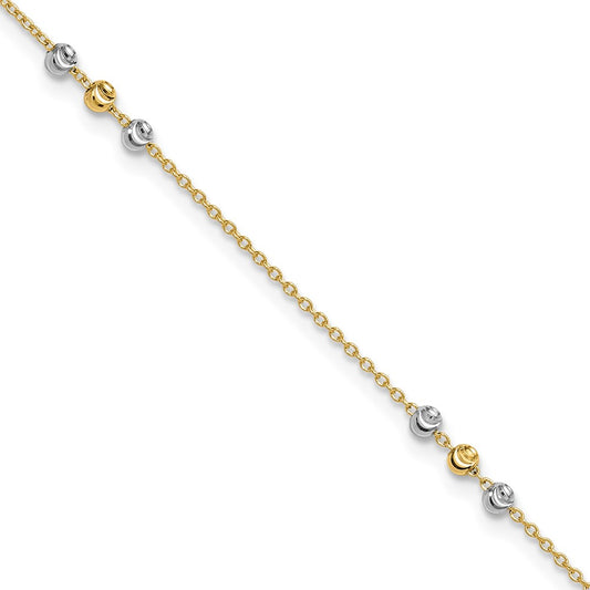 14K Two-tone Polished Diamond-cut Beaded 9in Plus 1 in ext. Anklet