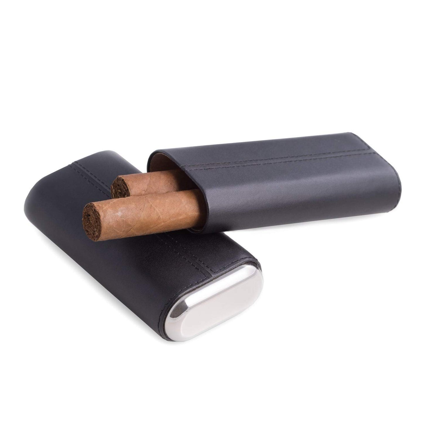 Bey-Berk International C253B Black Leather with Chrome Accent & Cedar Lined Telescoping Three Cigar Holder