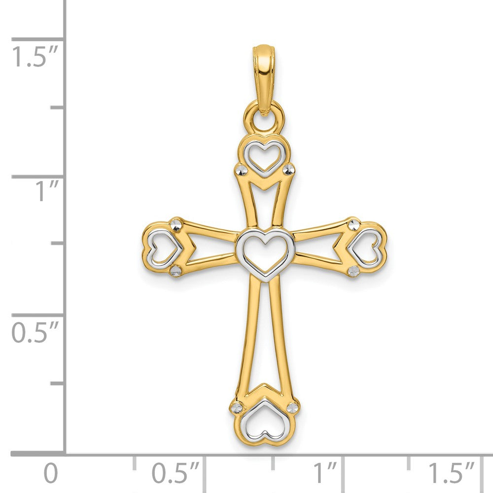 14K w/Rhodium D/C Cross w/Hearts Pendant