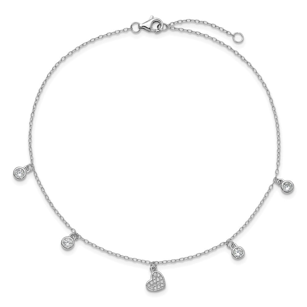 Cheryl M Sterling Silver Rhodium-plated Polished CZ Heart 9.5 Inch with 1 Inch Extension Anklet 9.5 inches