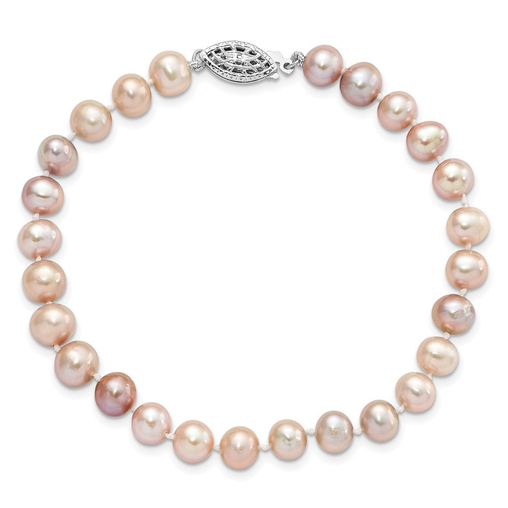 Sterling Silver Rhodium-plated 6-7mm Purple Near-Round Freshwater Cultured Pearl 7.25 inch Bracelet 7.25 inches