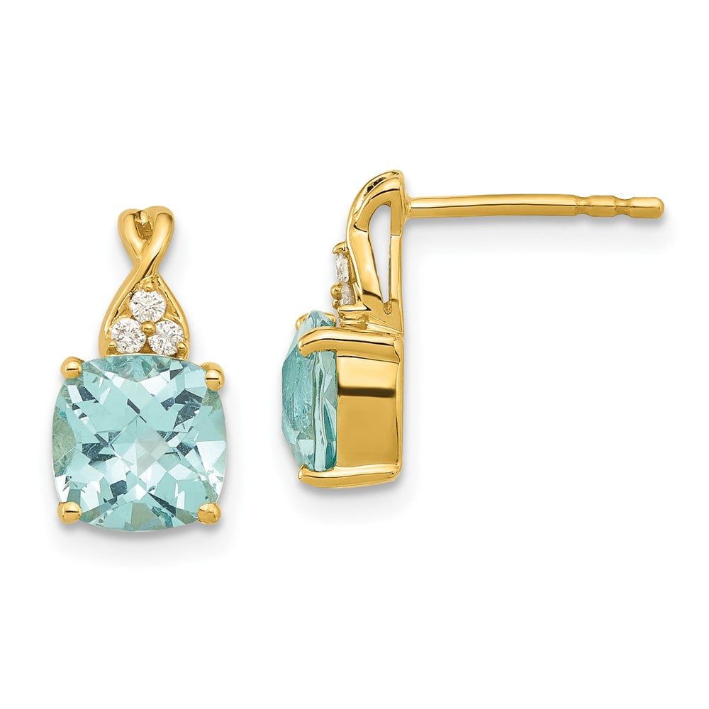 14K Yellow Gold Synthetic Checkerboard Aquamarine & Diamond Earrings
