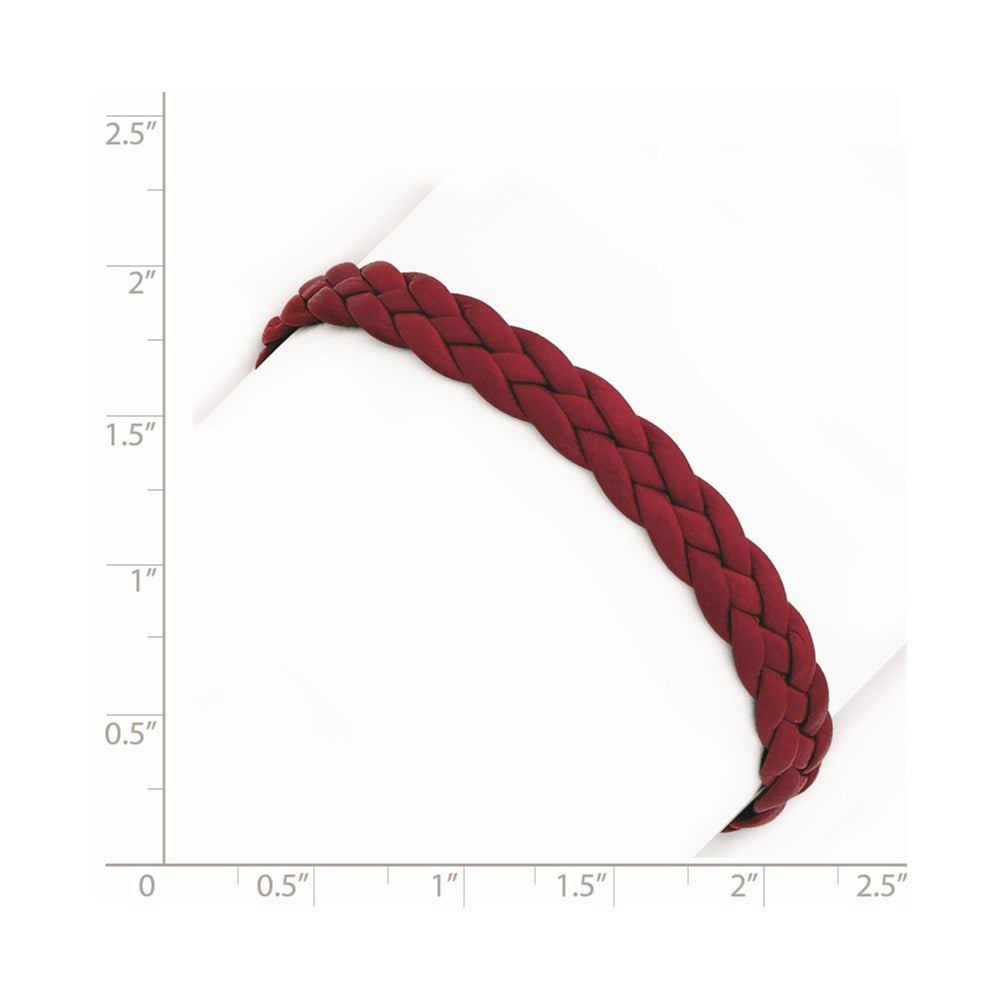 Sterling Silver Rhodium Plated Red Braided Leather 7 inch Bracelet 7 inches