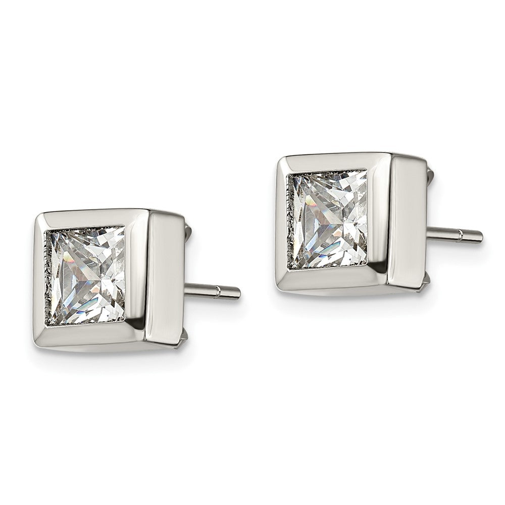 Stainless Steel Polished Square CZ Post Earrings