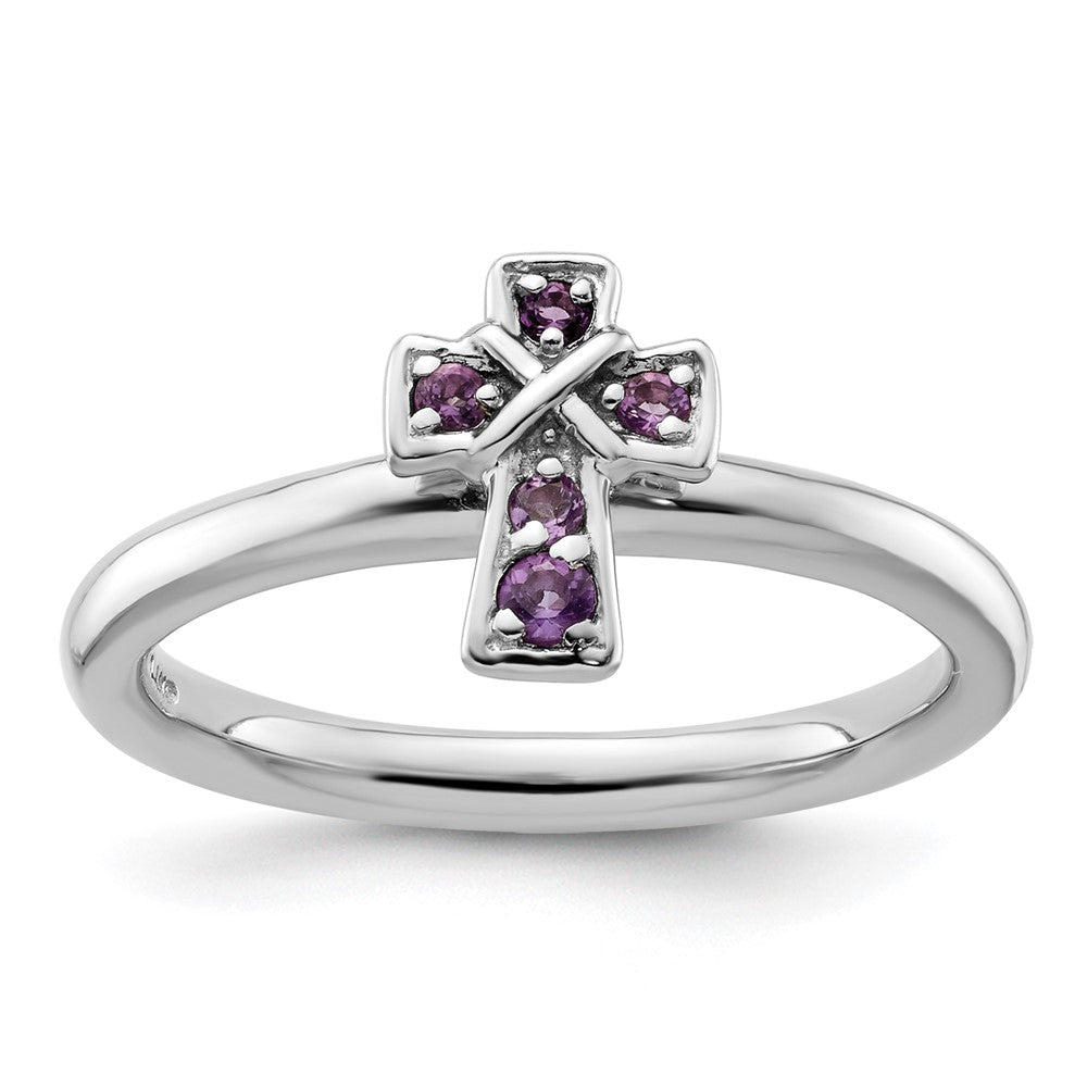 Sterling Silver Stackable Expressions Rhodium Amethyst Cross Ring Size -5