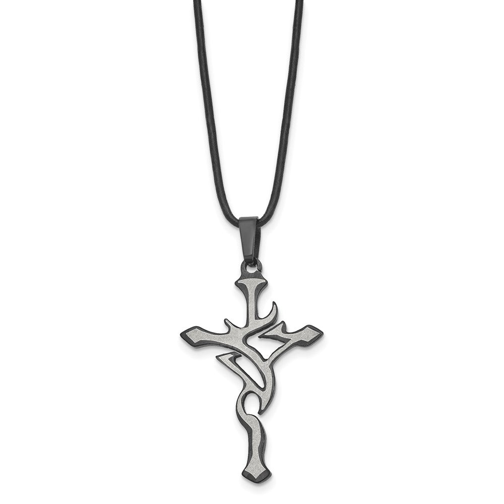 Stainless Steel Brushed & Polished Black IP Cross 18in Leather Necklace