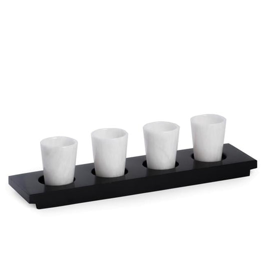 Bey-Berk International TT115 Hand Crafted 4 White Marble Shot Glasses on Black Marble Serving Tray