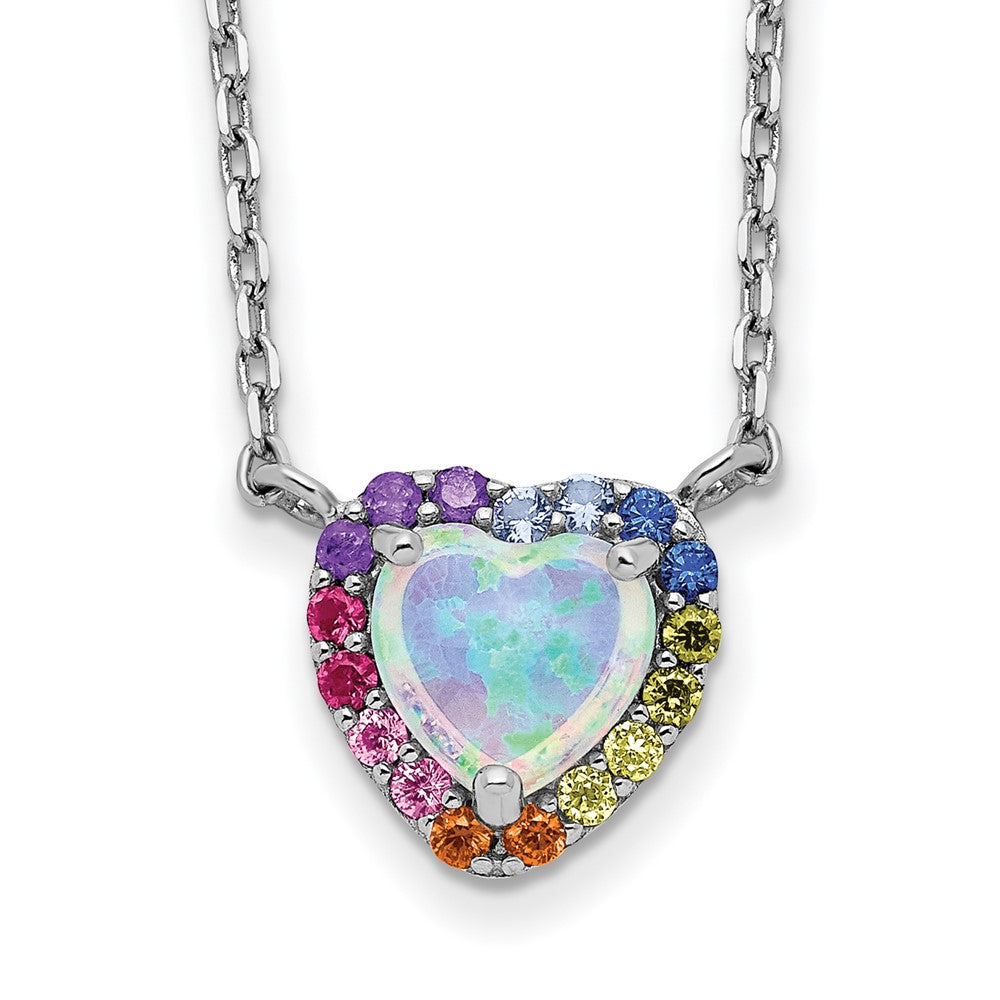 Sterling Silver Rhodium-plated 16 inch Lab Created Opal and Colorful CZ Heart Necklace with 2 inch Extender 16 Inches