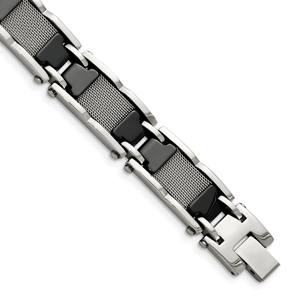 Stainless Steel Polished Mesh with Black Ceramic 8.25in Bracelet 8.25 inches