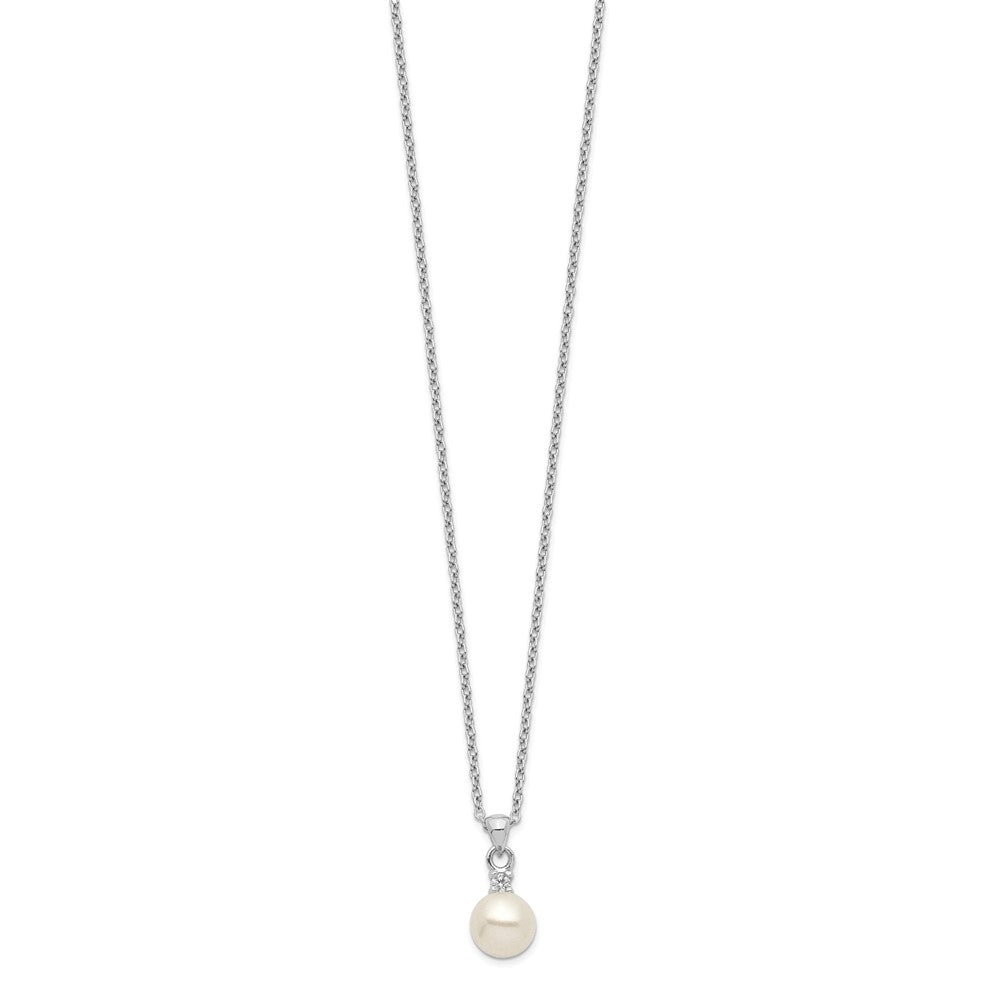 Sterling Silver Rhodium-plated 6-7mm White Button Freshwater Cultured Pearl and CZ 17 inch Necklace 17 Inches