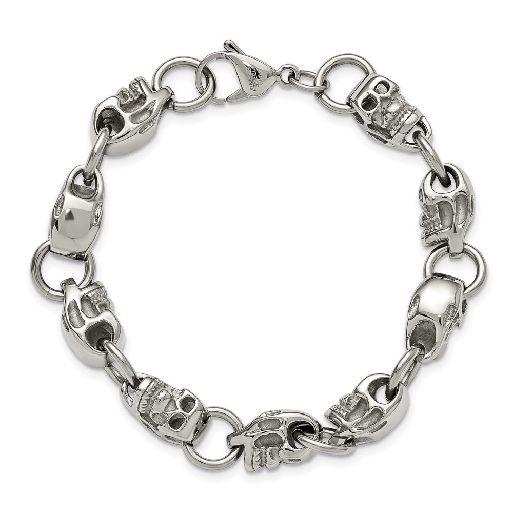 Stainless Steel Polished Skulls 8.75in Bracelet 8.75 inches