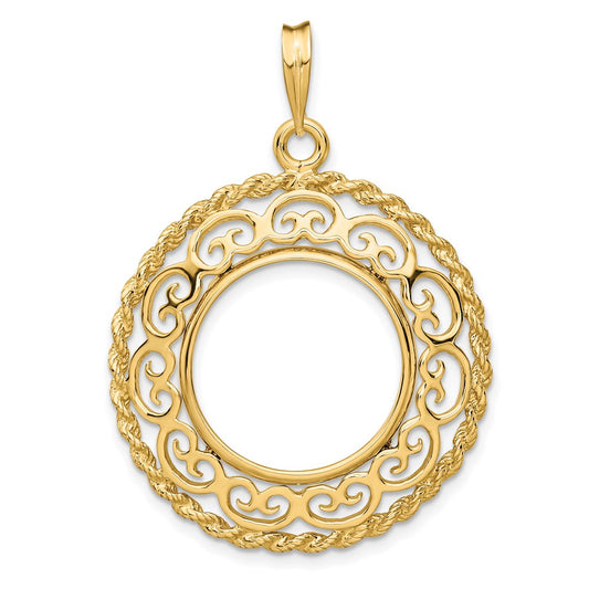 Wideband Distinguished Coin Jewelry 14k Polished Scroll Design with Rope Edge 17.8mm Prong Coin Bezel Pendant