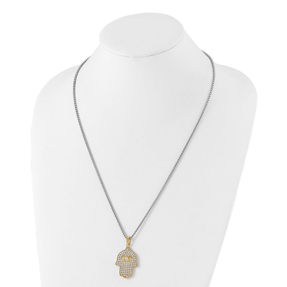 Stainless Steel Polished Yellow IP-plated w/CZ Hamsa 24in Necklace