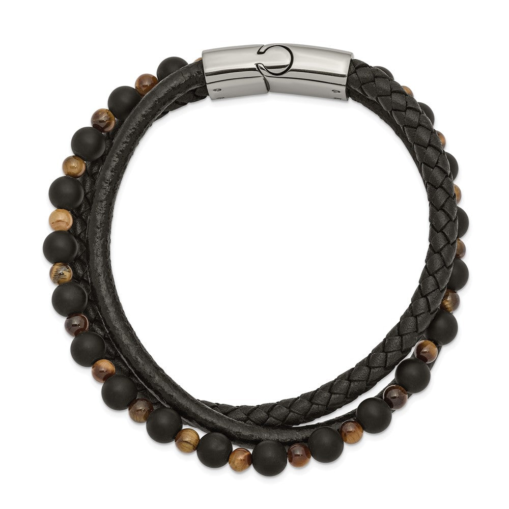 Stainless Steel Polished w/Tiger's Eye/Black Agate Leather 8.25in Bracelet 8.25 inches