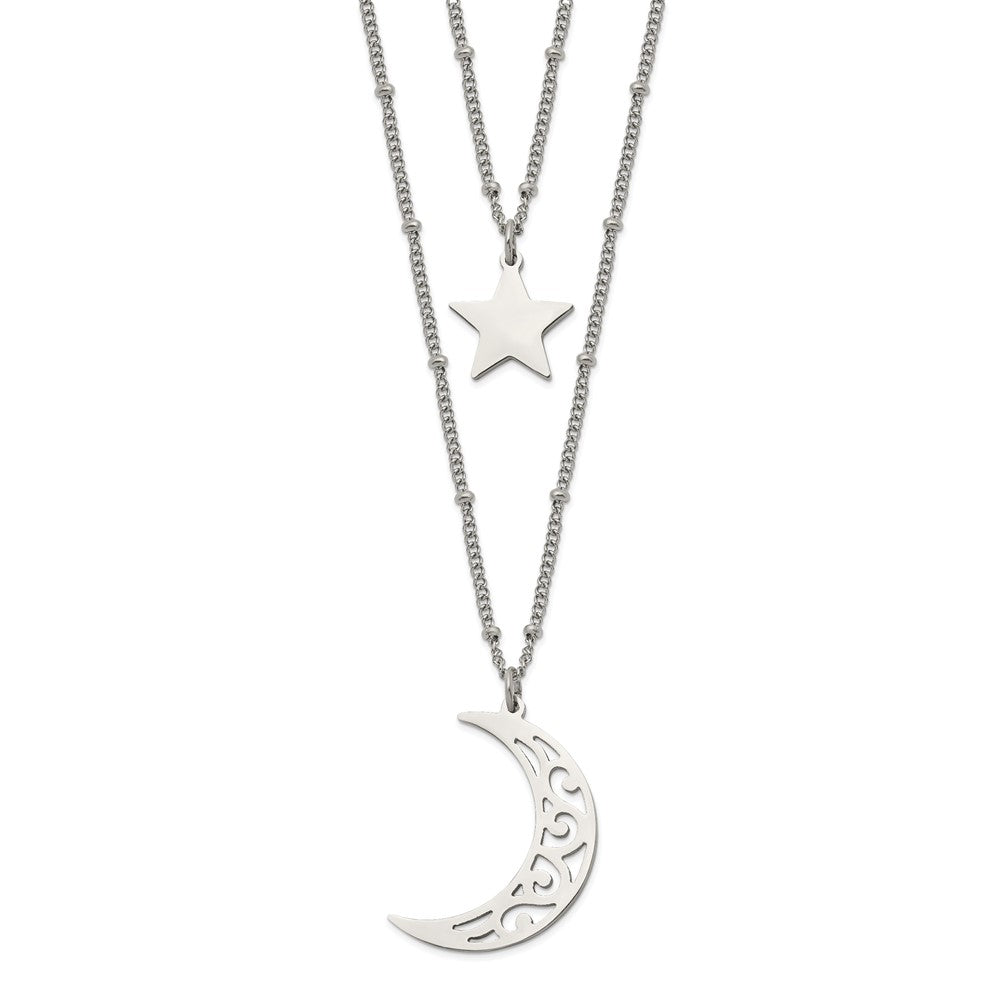 Stainless Steel Polished 2 Strand Beaded Star and Moon 30in Necklace