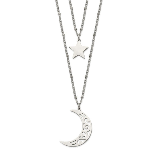 Stainless Steel Polished 2 Strand Beaded Star and Moon 30in Necklace