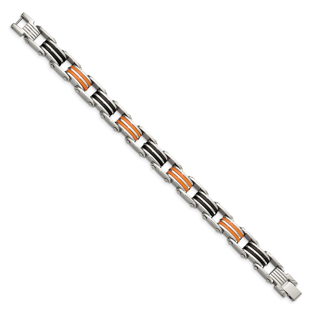 Stainless Steel 8.5in Polished with Rubber Black and Orange Bracelet 8.75 inches