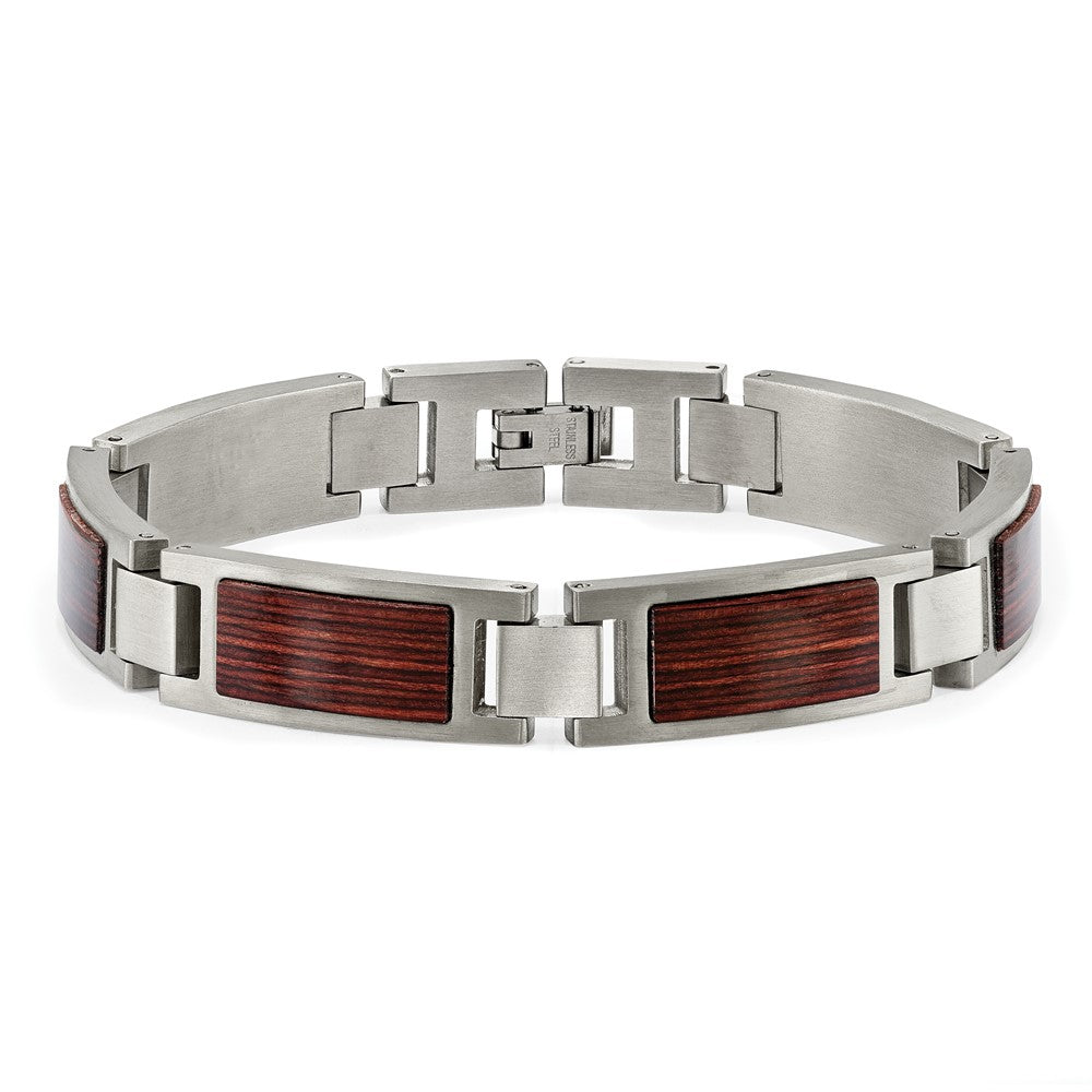 Stainless Steel Brushed with Wood Inlay 8.75in Bracelet 8.75 inches