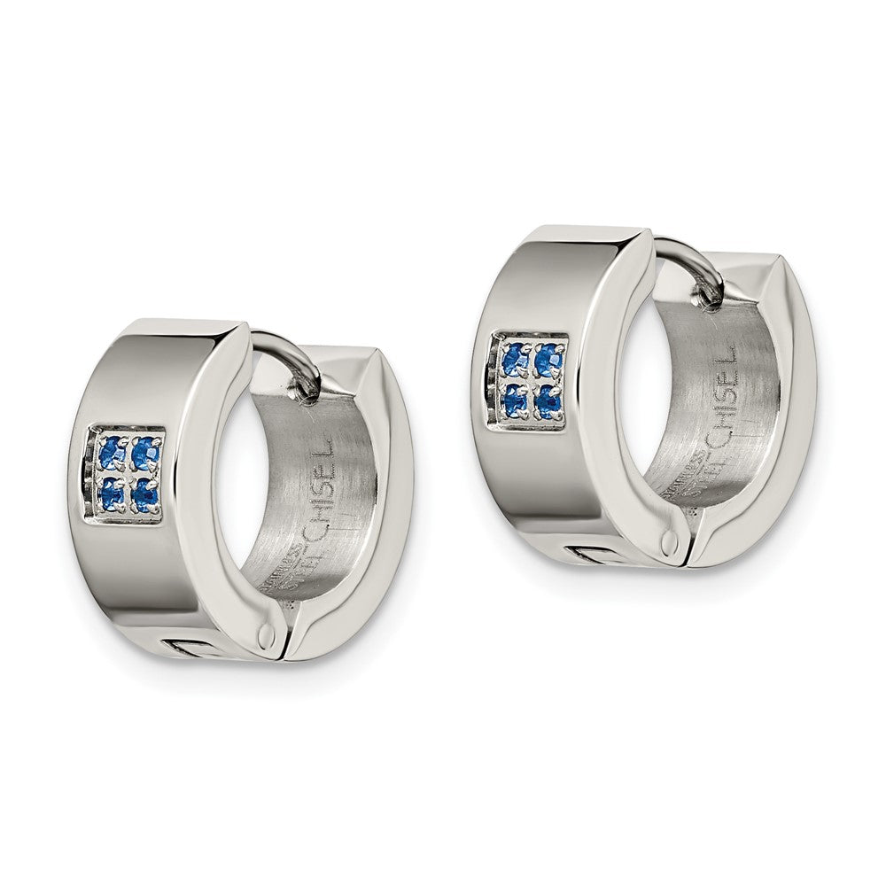 Stainless Steel Brushed & Polished w/Blue CZ 6mm Hinged Hoop Earrings