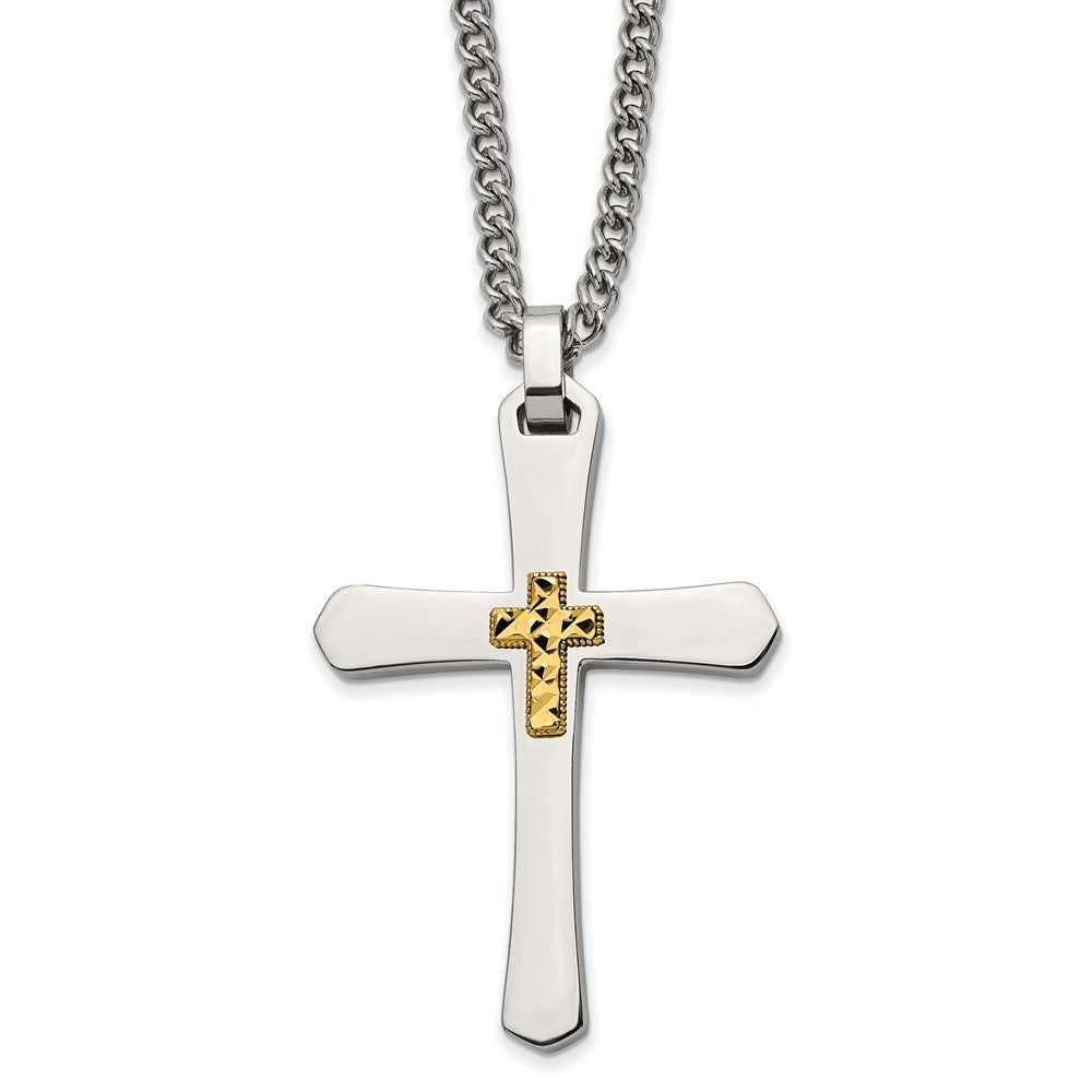 Stainless Steel Polished w/14k Accent Diamond-cut Cross  24in Necklace