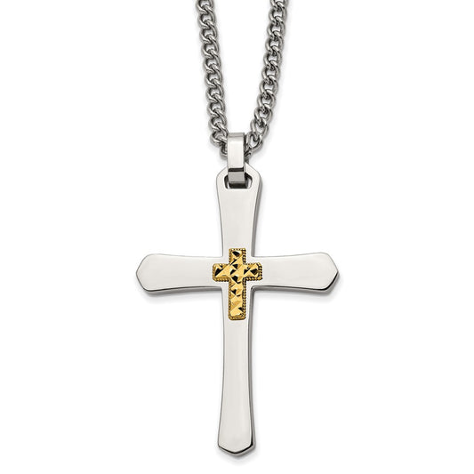 Stainless Steel Polished w/14k Accent Diamond-cut Cross  24in Necklace
