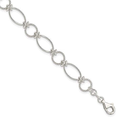 Sterling Silver Polished Textured Fancy Circle and Oval Link Bracelet 7.5 inches