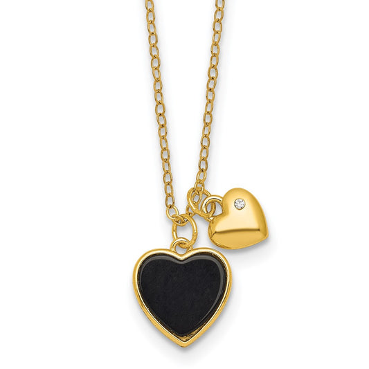 Sterling Silver Gold-tone Polished Onyx and CZ Hearts 14 Inch with 3 Inch Extension Children's Necklace 14 Inches