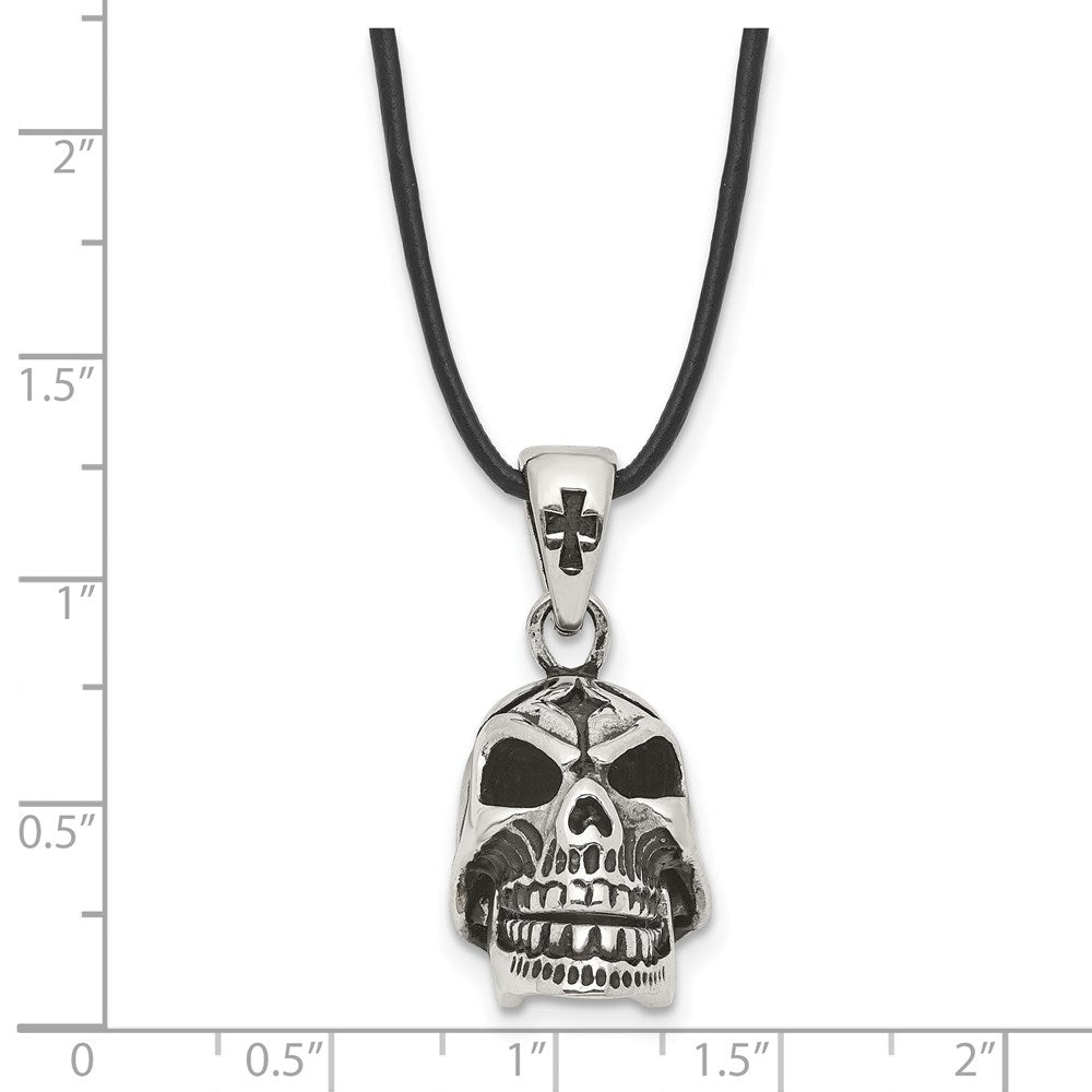 Stainless Steel Antiqued & Polished Moveable Skull Leather Cord Necklace