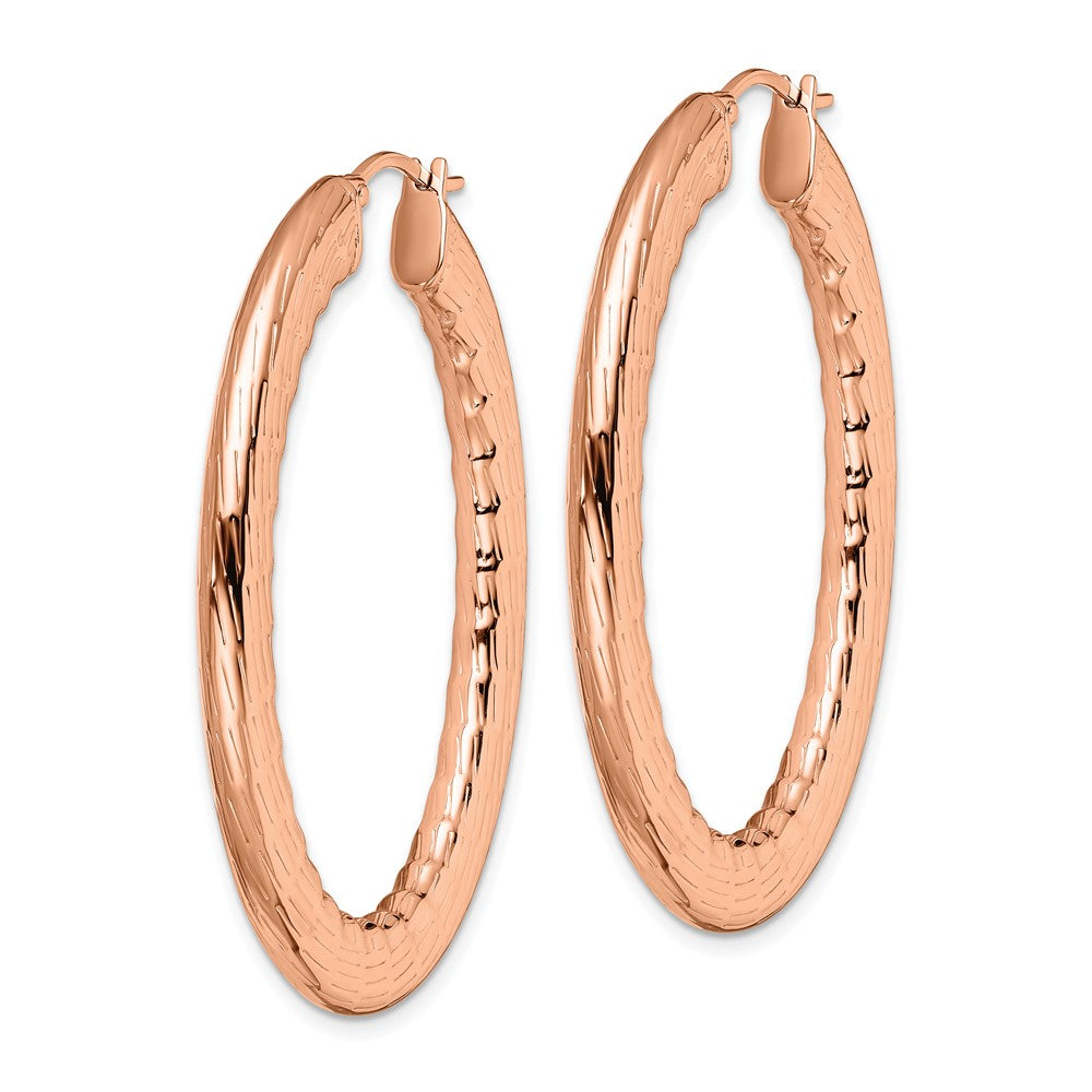 Stainless Steel Polished & Textured Rose IP Hollow Oval Hoop Earrings