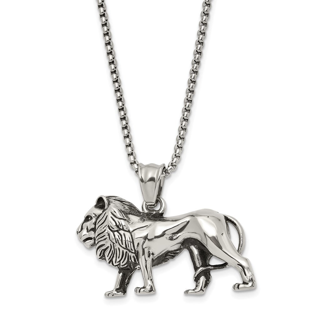 Stainless Steel Antiqued and Polished Lion 25.5in Necklace