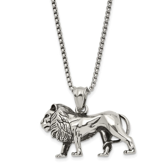 Stainless Steel Antiqued and Polished Lion 25.5in Necklace