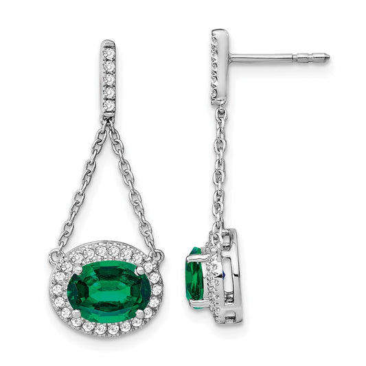 14k White Gold Oval Created Emerald and Diamond Dangle Earrings