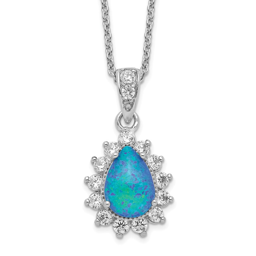 Cheryl M Sterling Silver Rhodium-plated Cabochon Lab Created Blue Opal and Brilliant-cut CZ Pear 18 Inch Necklace 18.5 Inches