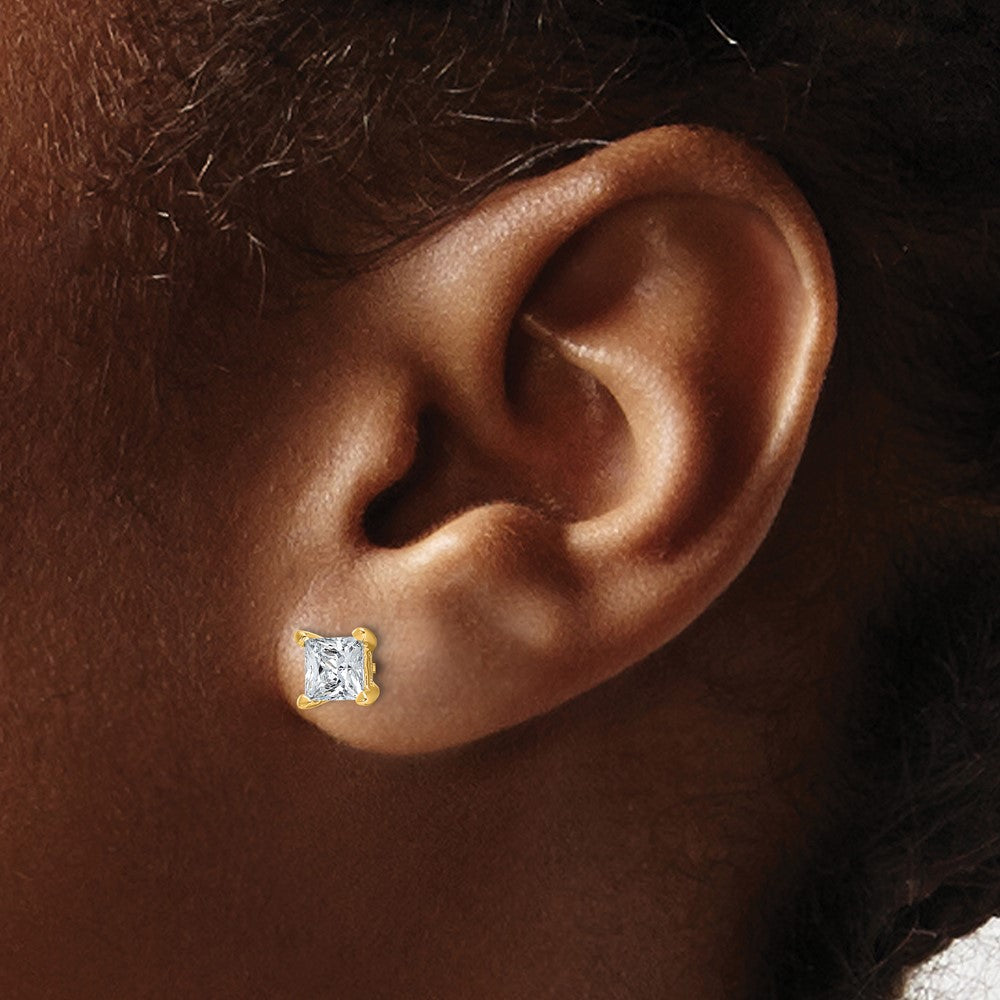 True Origin 14K Yellow Gold 1 1/2 carat Lab Grown Diamond VS+ F+ Princess Four Prong Heavy Weight Complete Stud Earrings