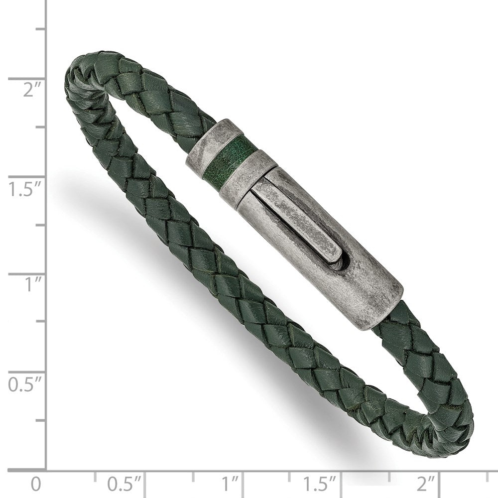 Stainless Steel Antiqued Green Leather 8.25in Bracelet 8.25 inches
