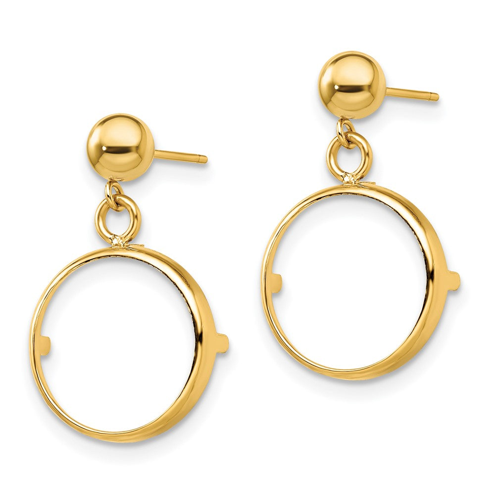 Wideband Distinguished Coin Jewelry 14k Polished Classic Prong 13.0mm Coin Bezel Post Dangle Earrings