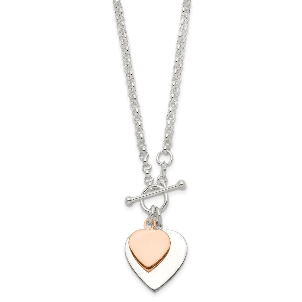 Sterling Silver w/Rose gold-plat Engraveable Double Heart Toggle Necklace 18 Inches