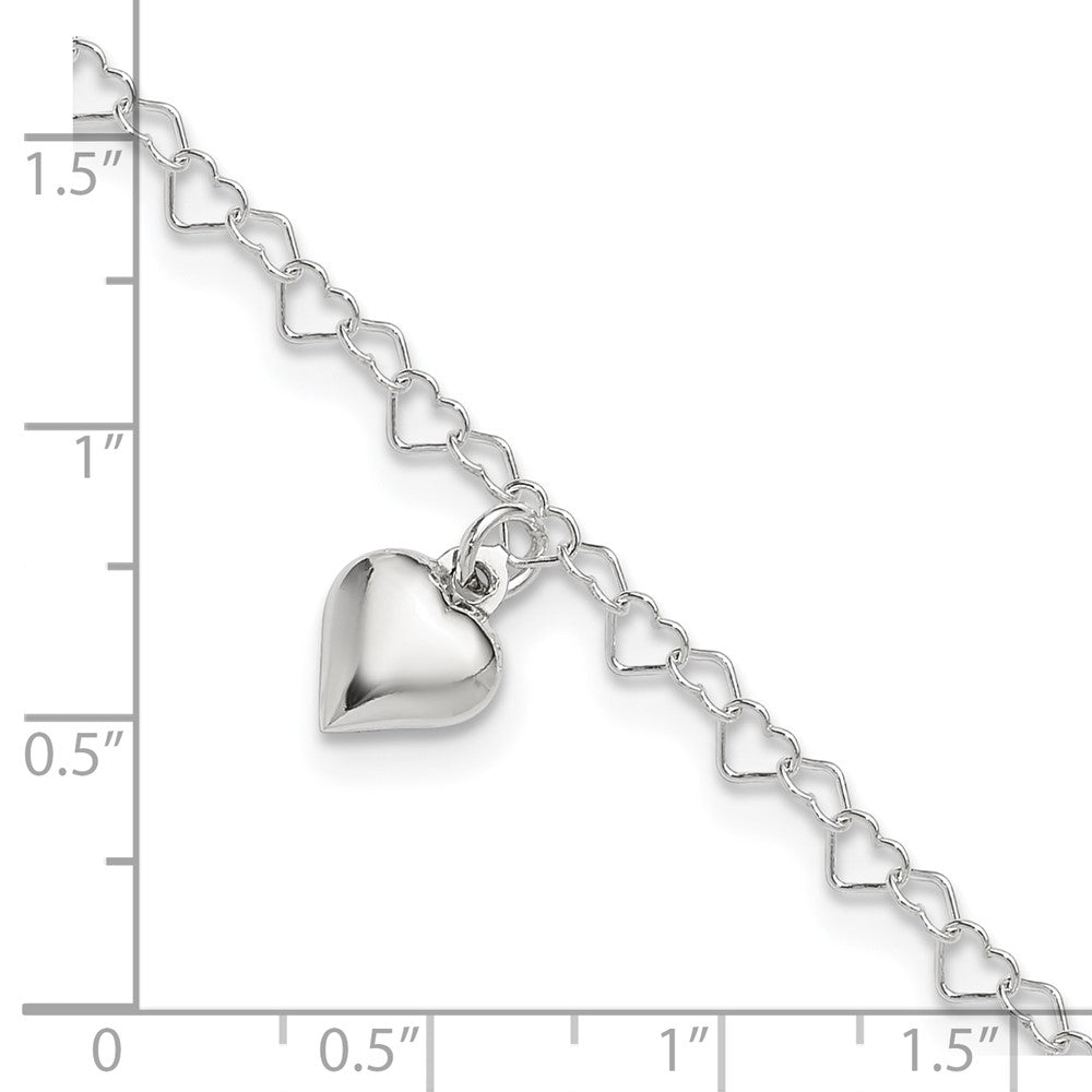 Sterling Silver Polished Fancy Link Puffed Heart 9 in Plus 1in ext. Anklet 9 inches