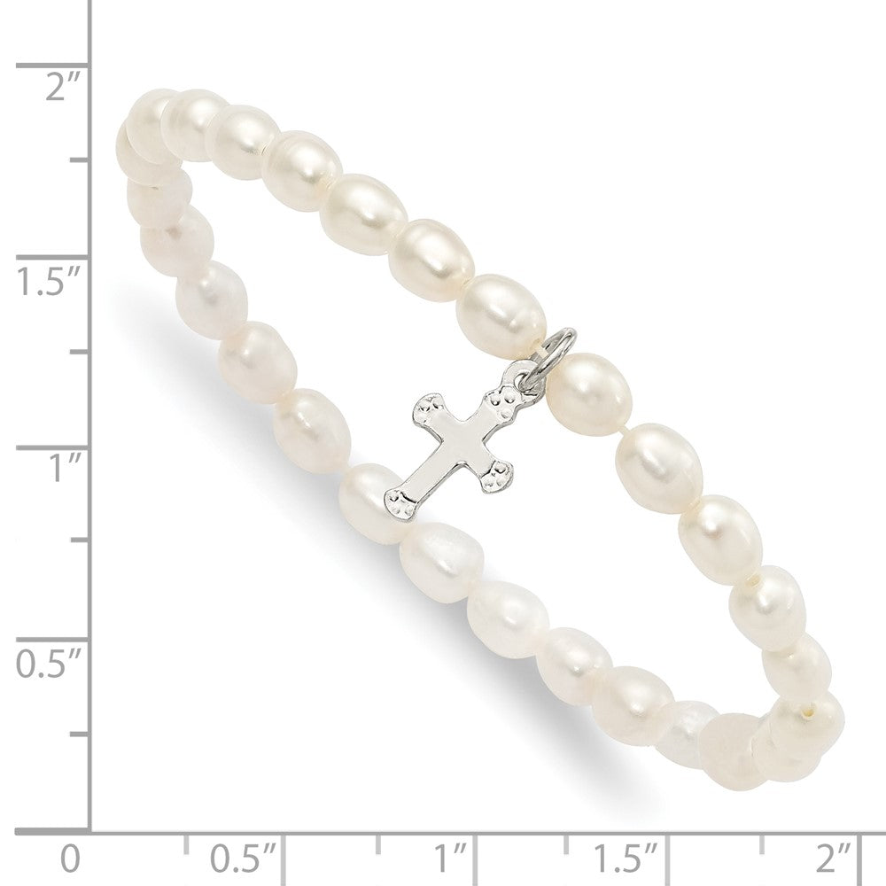 Sterling Silver Polished FWC Pearl & Cross Children's Stretch Bracelet 5 inches