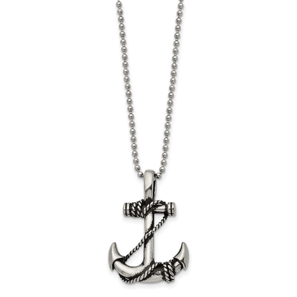 Stainless Steel Antiqued and Polished Anchor 22in Necklace